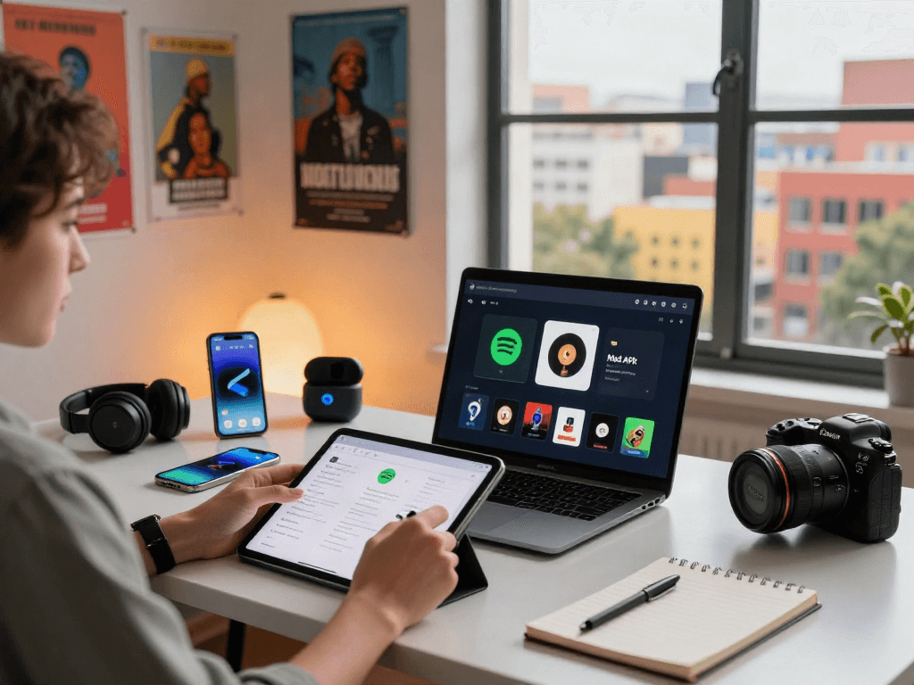 Experience the spotify mod apk in a vibrant music-themed workspace with tech devices and a cozy atmosphere.