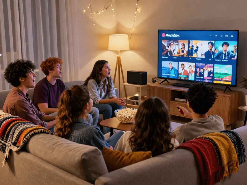 Group of friends enjoying movie night on the Moviebox app in a cozy living room setting.
