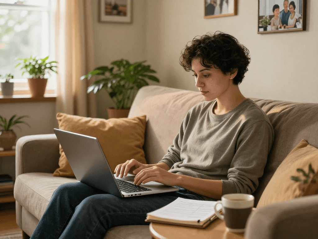 Individual exploring credit consolidation options in a cozy living room, highlighting financial management.