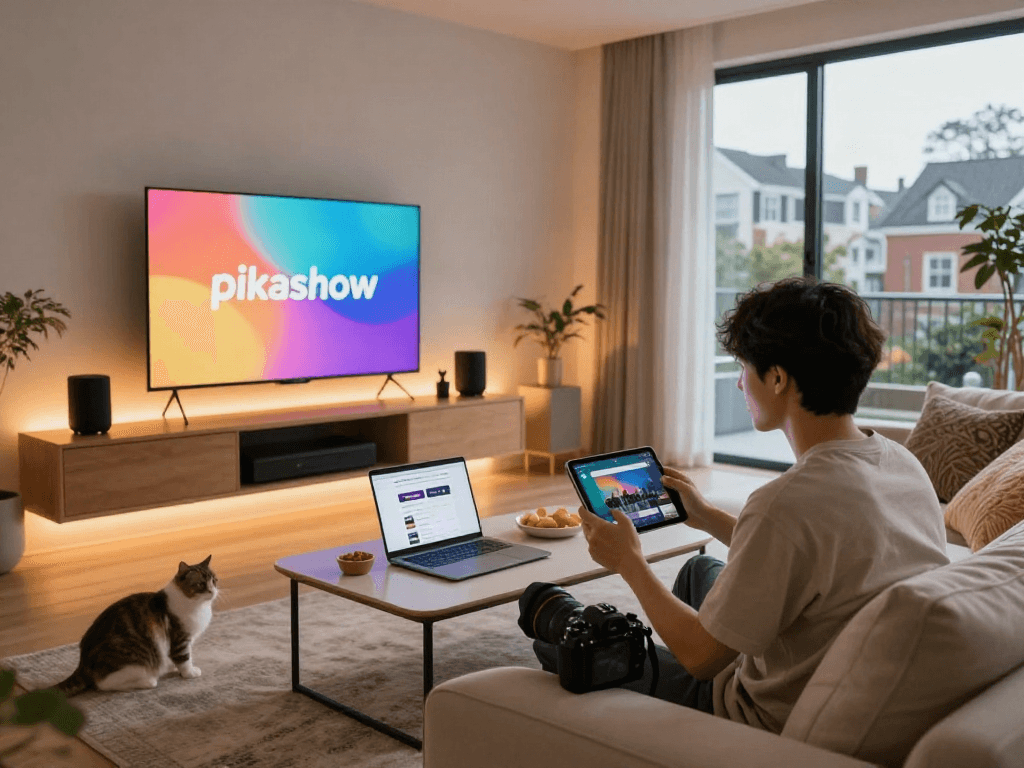 Enjoying Pikashow content in a cozy modern living room