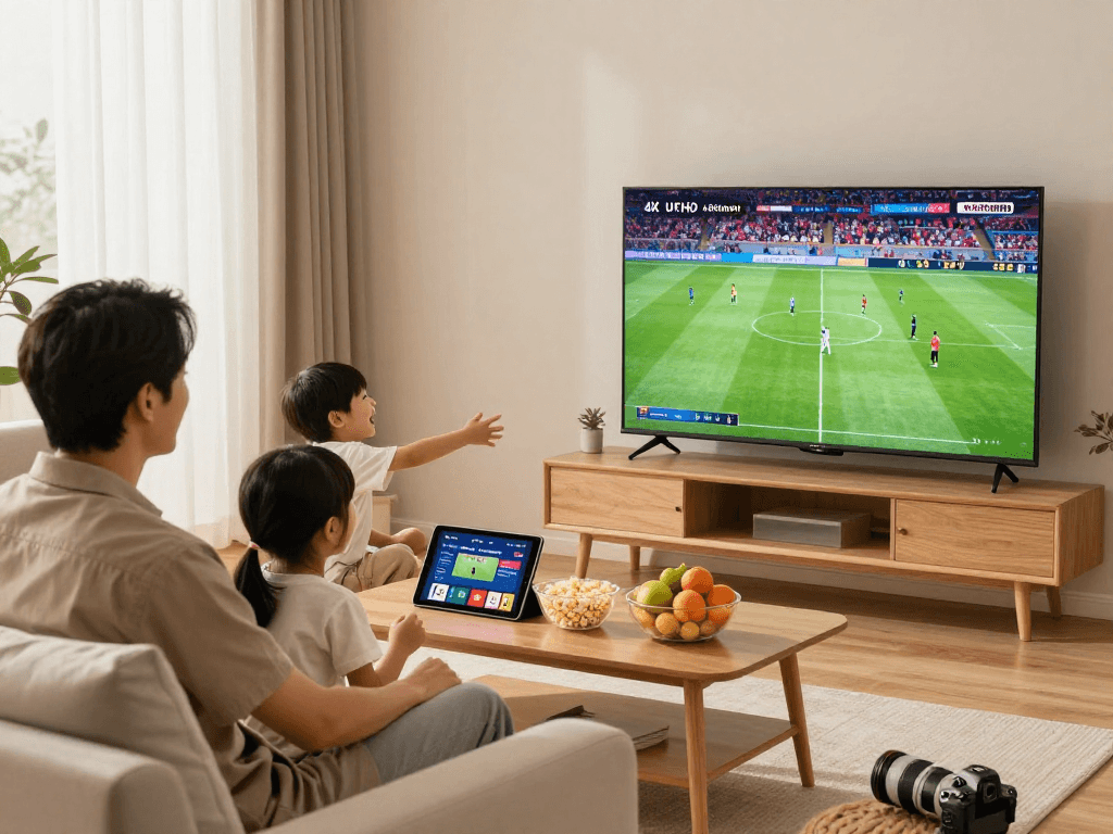 Beste IPTV ervaring met een gezin dat geniet van 4K sport op de bank.