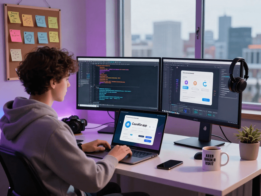 Cocoflix apk development setup with a young developer coding on a laptop and dual monitors in a modern workspace.