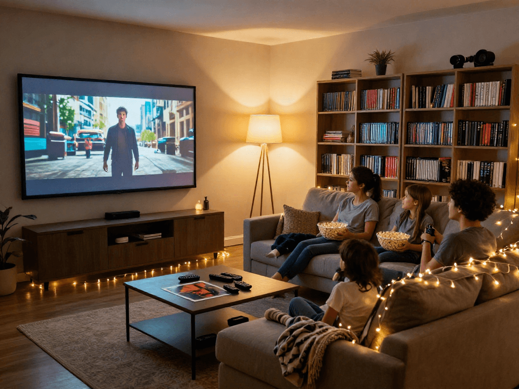 Family enjoying Moviebox movie night in a cozy living room with popcorn and ambient lighting.