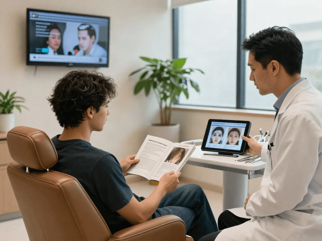 Consultation about hair transplant turkey cost in a modern clinic with a patient and consultant discussing treatment.