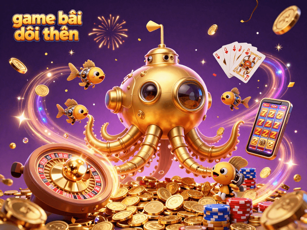 Experience game bài đổi thưởng with our spectacular golden kraken submarine amidst festive casino elements.
