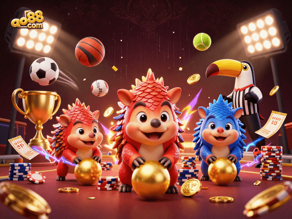 Experience thrilling gameplay at ao88 com with vibrant pangolins, poker chips, and dynamic sports elements.