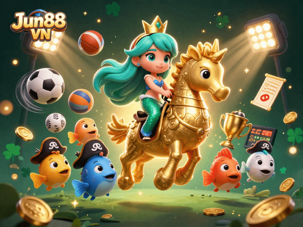 Play exciting games with Jun88 VN, showcasing vibrant characters and engaging sports elements in a dynamic casino scene.
