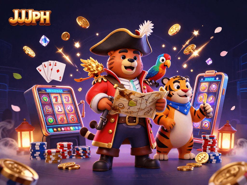 Experience casino excitement with JJJPH's vibrant pirate-themed 3D illustration featuring slot machines and engaging characters.