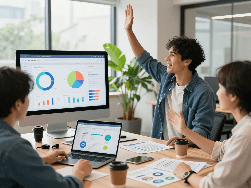 Celebrate app success with a collaborative team in a modern office, enhancing engagement and encouraging purchase app downloads.