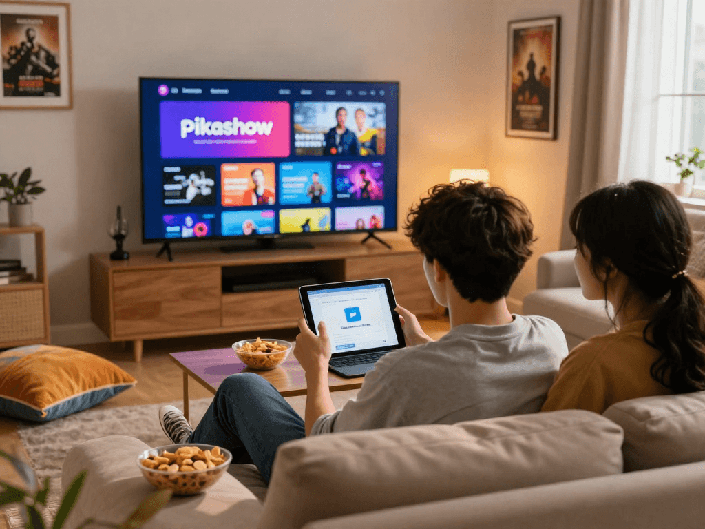 Pikashow apk download in a cozy living room scene with friends enjoying streaming options on a tablet.