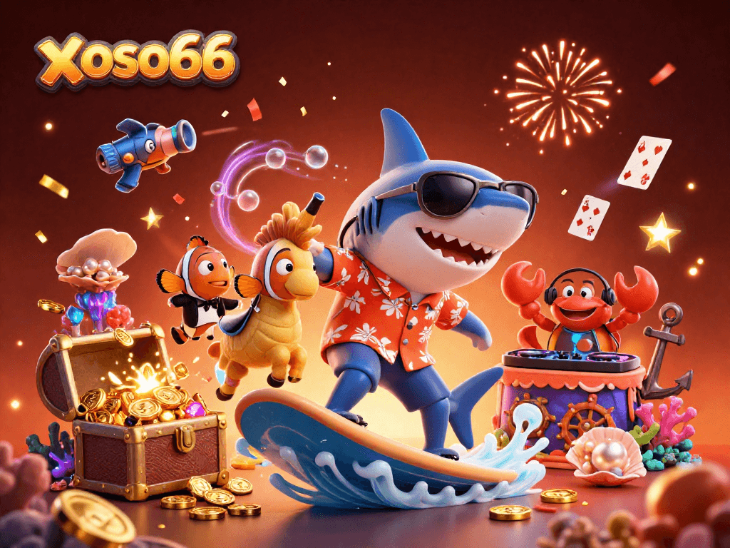 Catch big wins at xoso66 with a lively underwater casino scene featuring a shark and treasure.