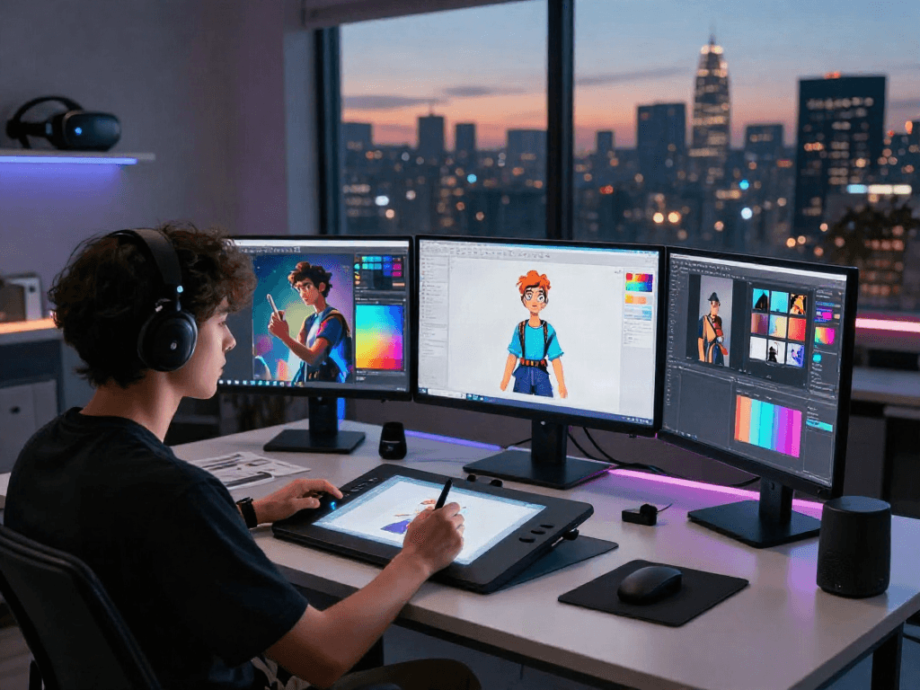 Creating character designs with AI tools in a vibrant digital art studio showcasing character ai nsfw elements