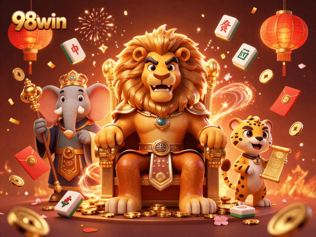 Engage with the 98win experience featuring a lion king, elephant advisor, and cheetah messenger in grand casino illustration.