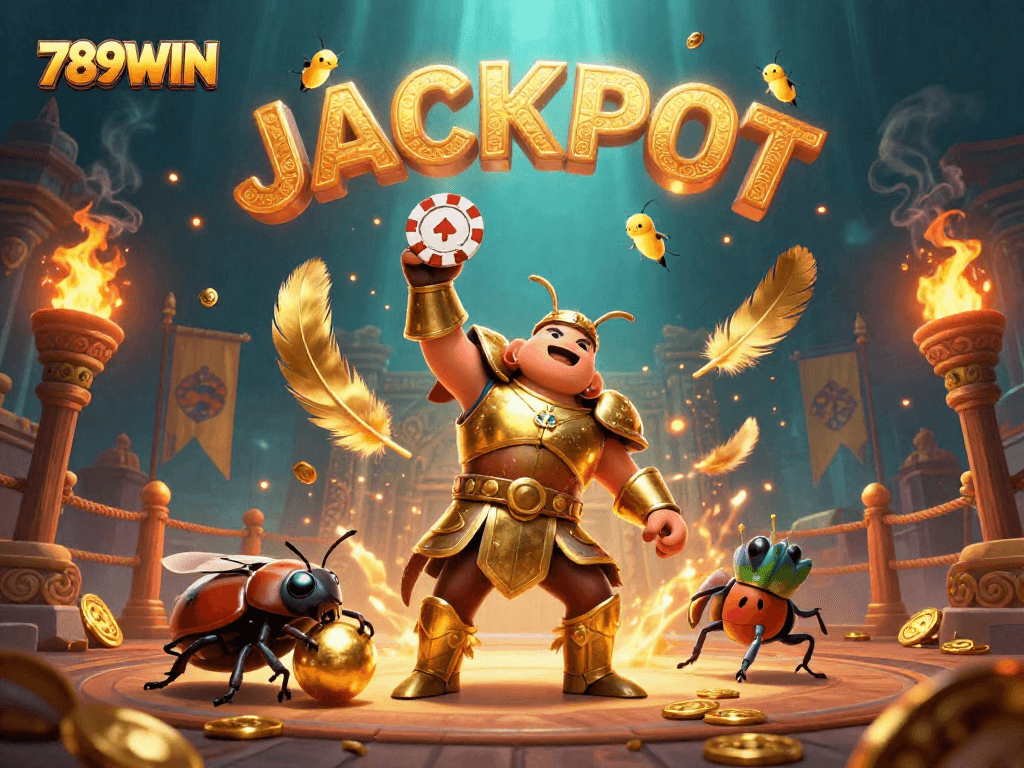 Experience the thrill with 789WIN as the hero beetle celebrates a big win amidst casino elements.