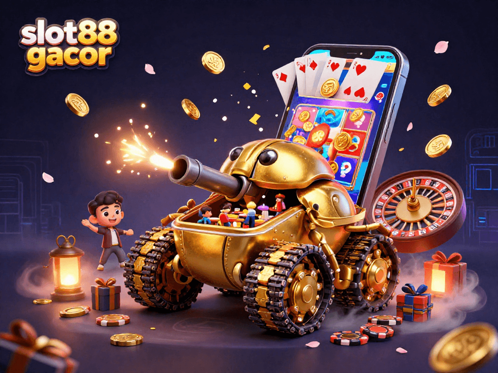 Experience slot88 gacor with excitement as golden coins erupt from a smartphone amidst a casino scene.