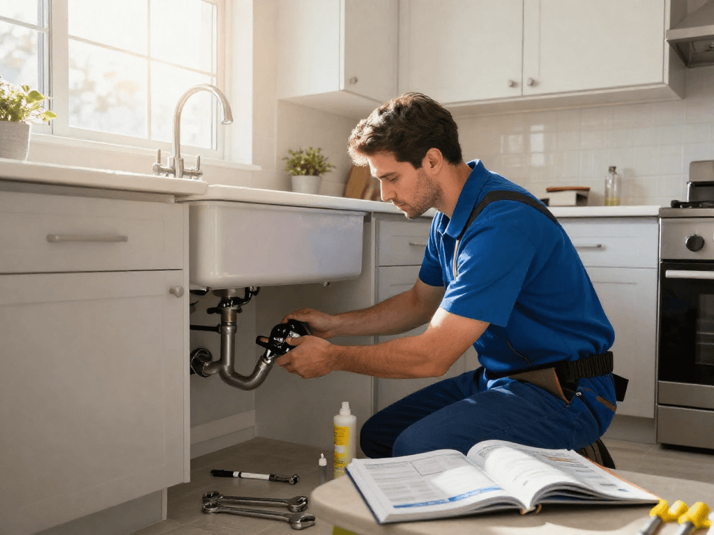 Leak repair Fort Worth by professional plumber fixing a leak under a modern kitchen sink.