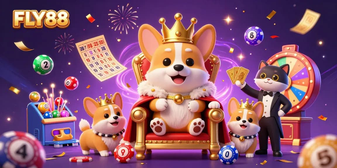 Experience FLY88 with vibrant lottery elements and a playful royal corgi in a casino-themed scene.