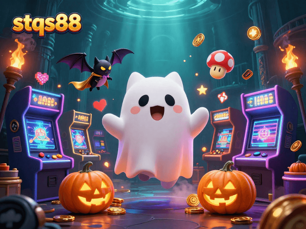 Engage in thrilling gameplay at stqs88 with a ghost cat and vampire bat in a haunted casino.