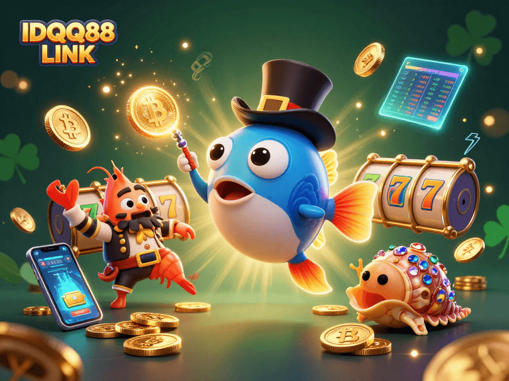 Experience excitement with IDQQ88 LINK showcasing vibrant slots, gold coins, and treasure-themed characters.