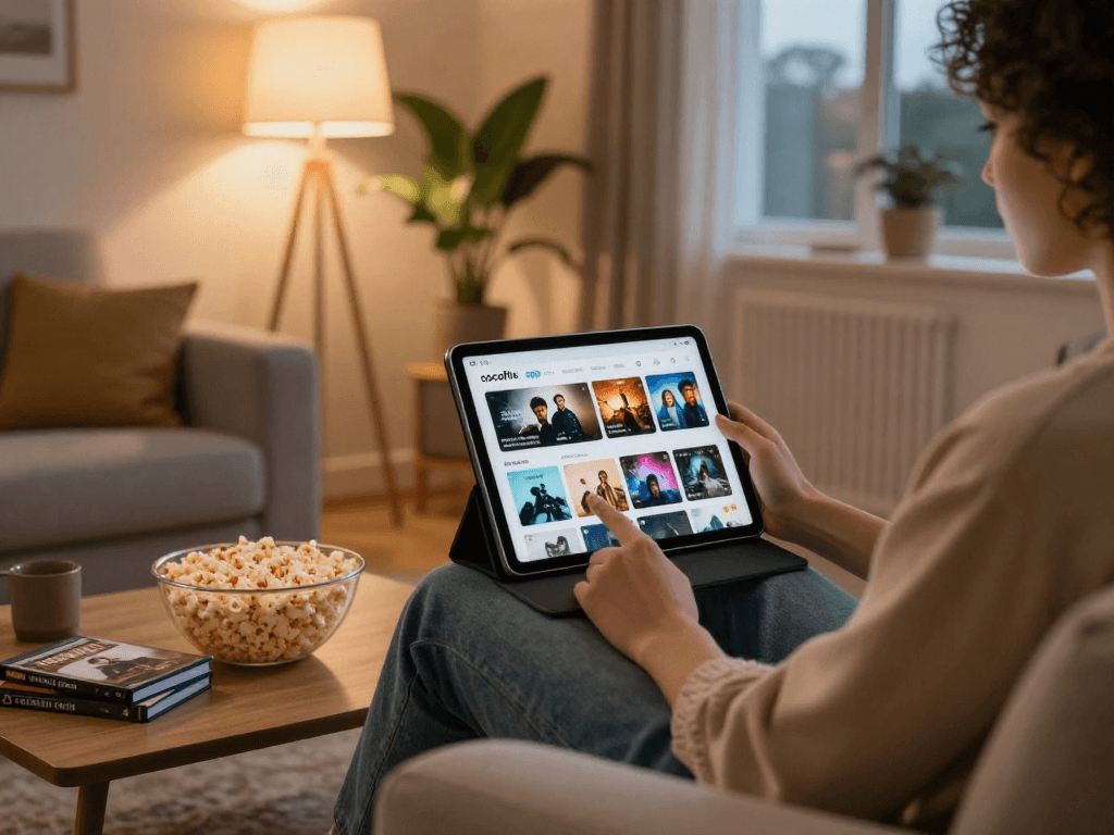 Engaging living room scene with a person using the cocoflix apk on a tablet, cozy atmosphere.