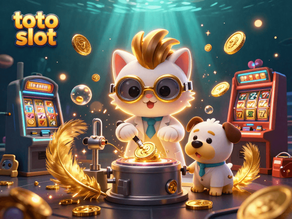 Menang di toto slot dengan ilustrasi kasino dinamis dan karakter kartun imajinatif.