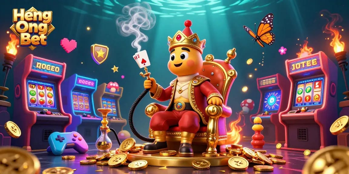 Engage in the excitement of Heng Ong Bet with vibrant casino elements in a dynamic 3D illustration.