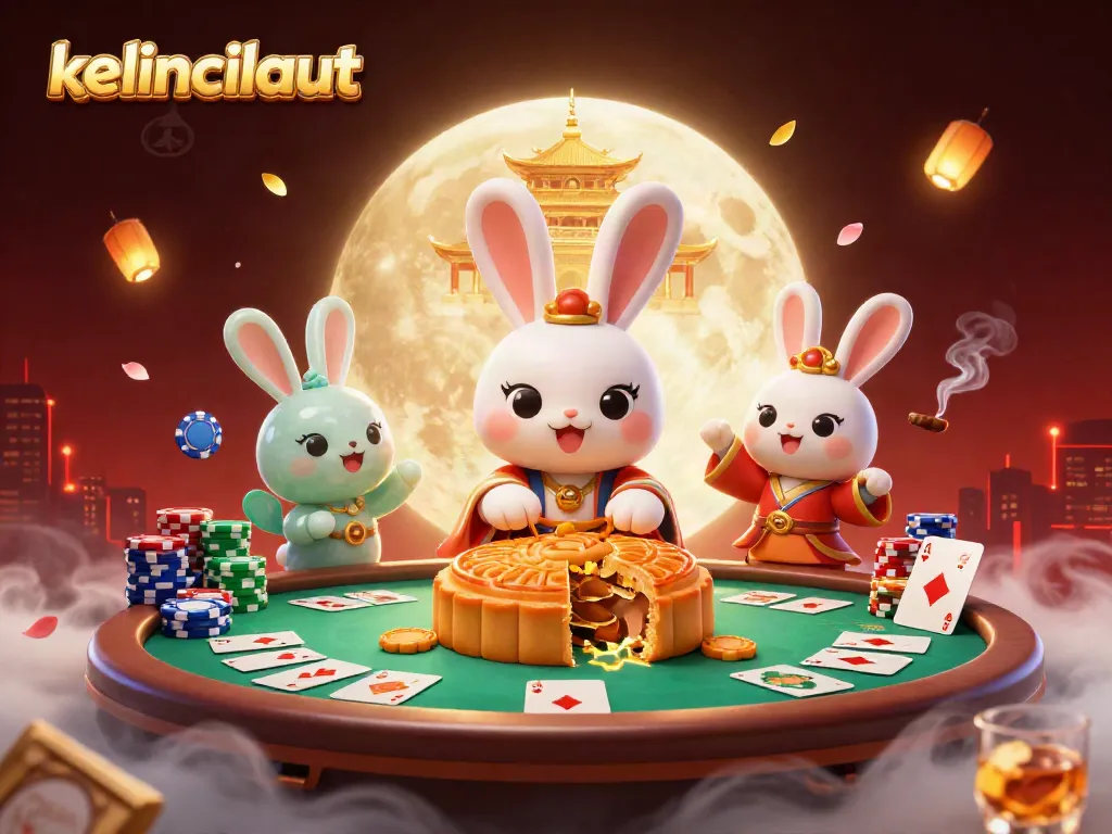 Engage with kelincilaut's vibrant casino scene featuring whimsical moon rabbits and poker elements.