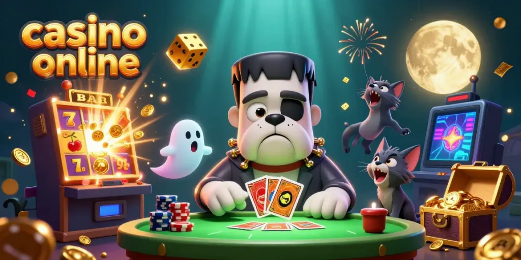 Experience the excitement of casino online with vibrant characters, games, and treasures in this dynamic illustration.