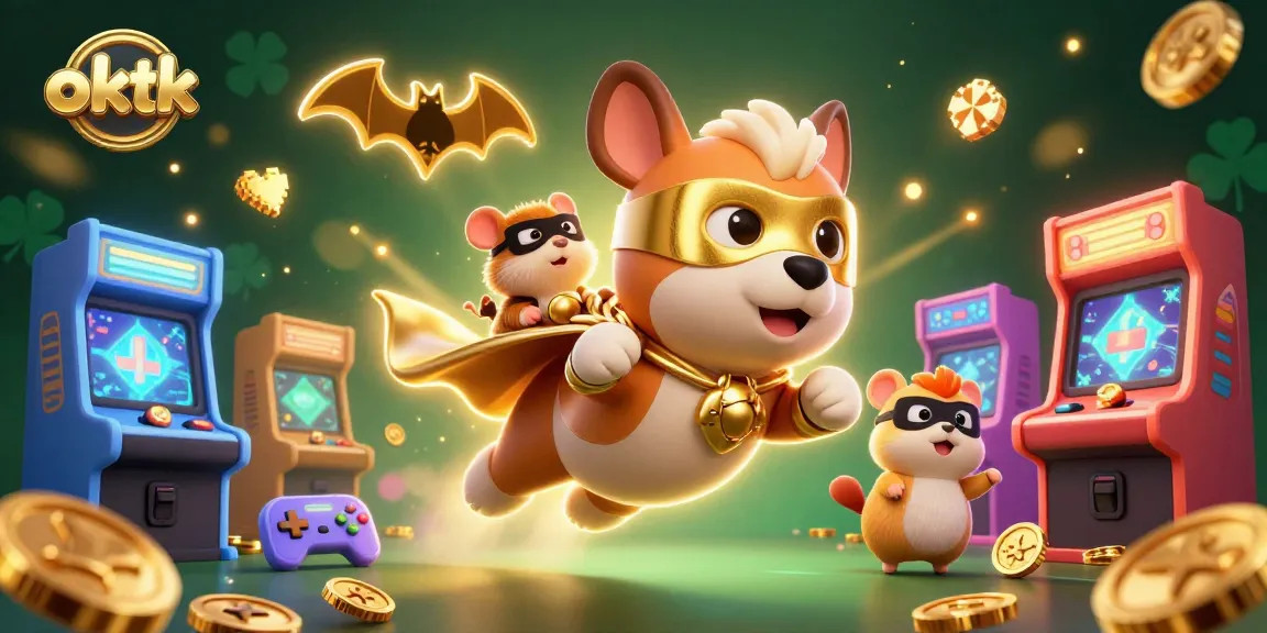 Engage with oktk's vibrant casino world featuring a superhero dog and playful hamster.