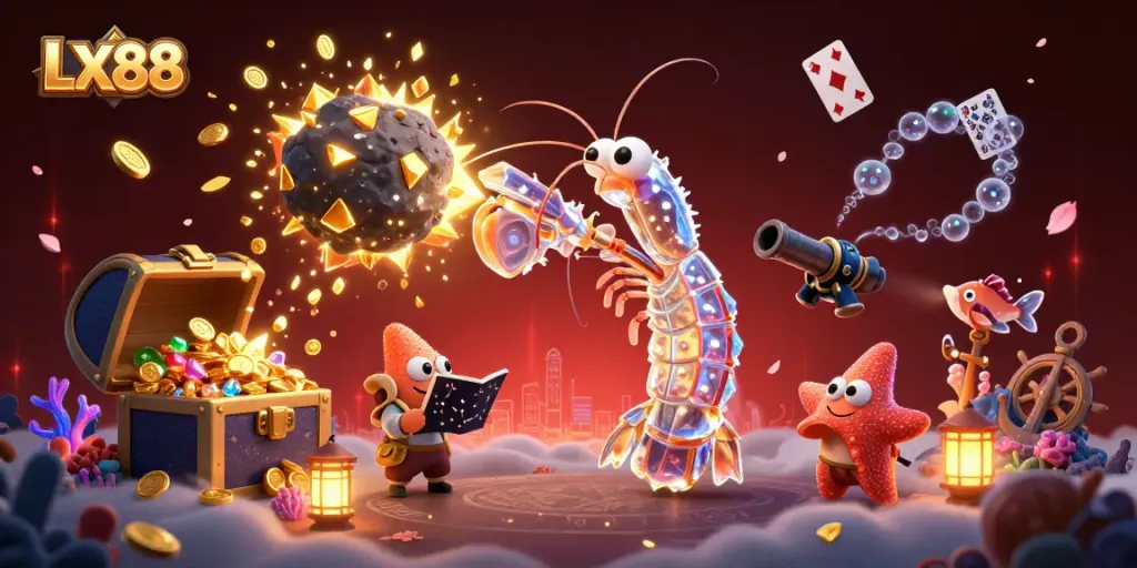 Experience thrilling wins with LX88 in this vibrant casino-themed 3D scene exploding with golds and gems.