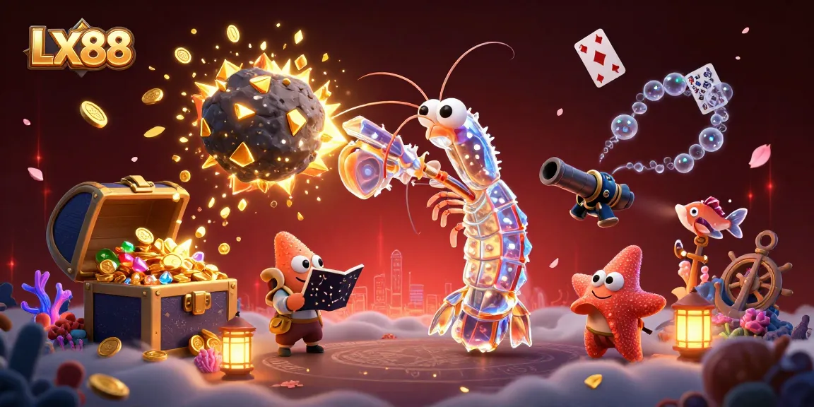 Experience thrilling wins with LX88 in this vibrant casino-themed 3D scene exploding with golds and gems.