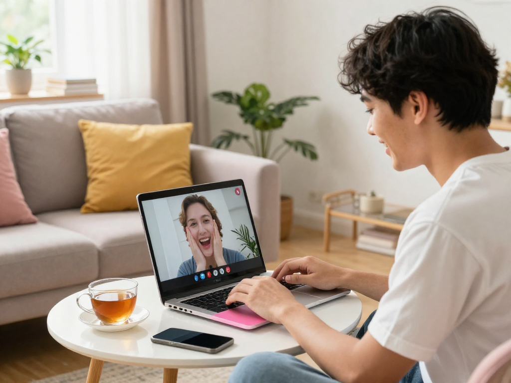 Enjoying a pink live chat in a cozy home setting, with a vibrant atmosphere and warm lighting.