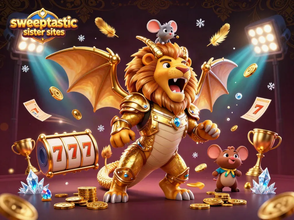 Sweeptastic sister sites showcase a golden chimera creature surrounded by dynamic slot elements and golden coins.