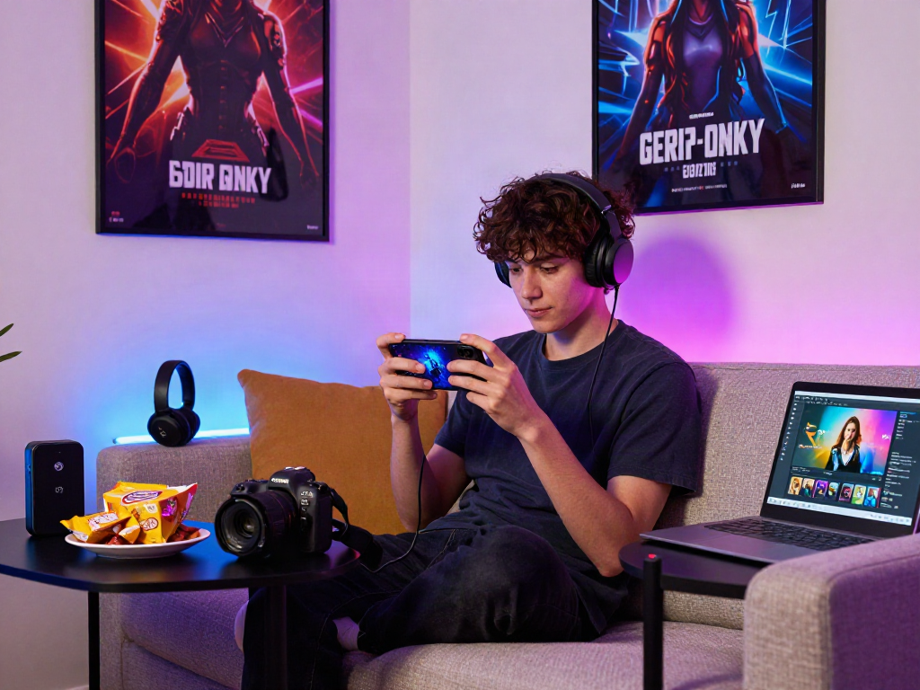 Immersive mobile porn games experience on a cozy couch with vibrant surroundings.