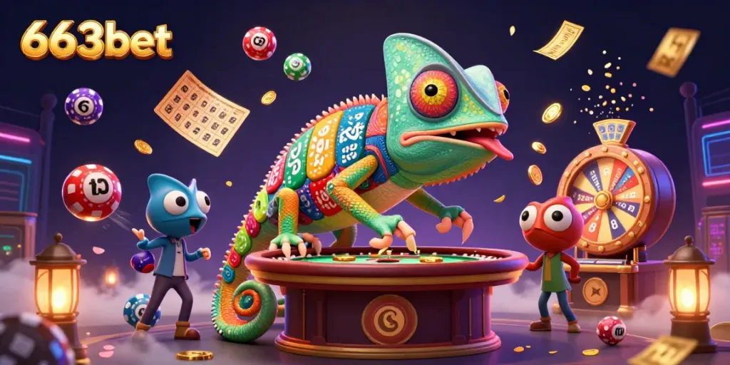 Engage in thrilling casino gameplay with 663bet's vibrant 3D illustration showcasing dynamic games and rewards.