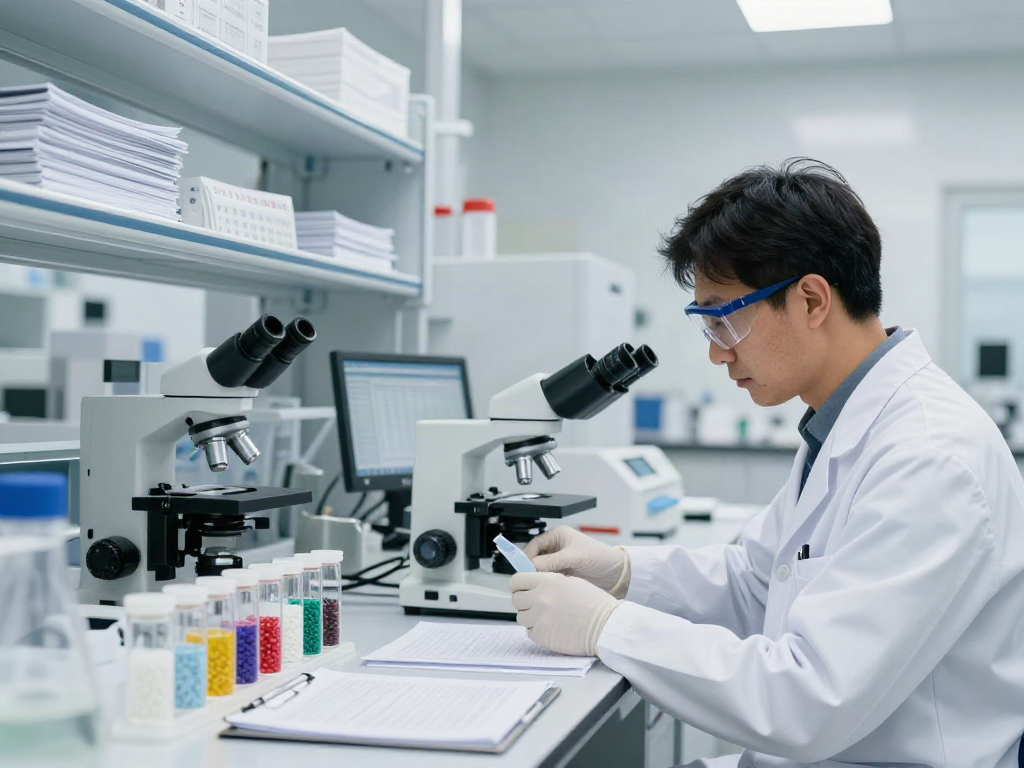 Scientist examining peptides pricing in a modern lab environment.
