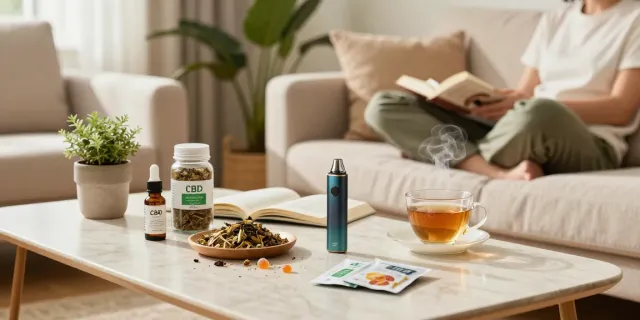 Relaxed living room scene featuring budget cigarette and top smokes Australia, displaying premium CBD oil and vape device in a cozy atmosphere.