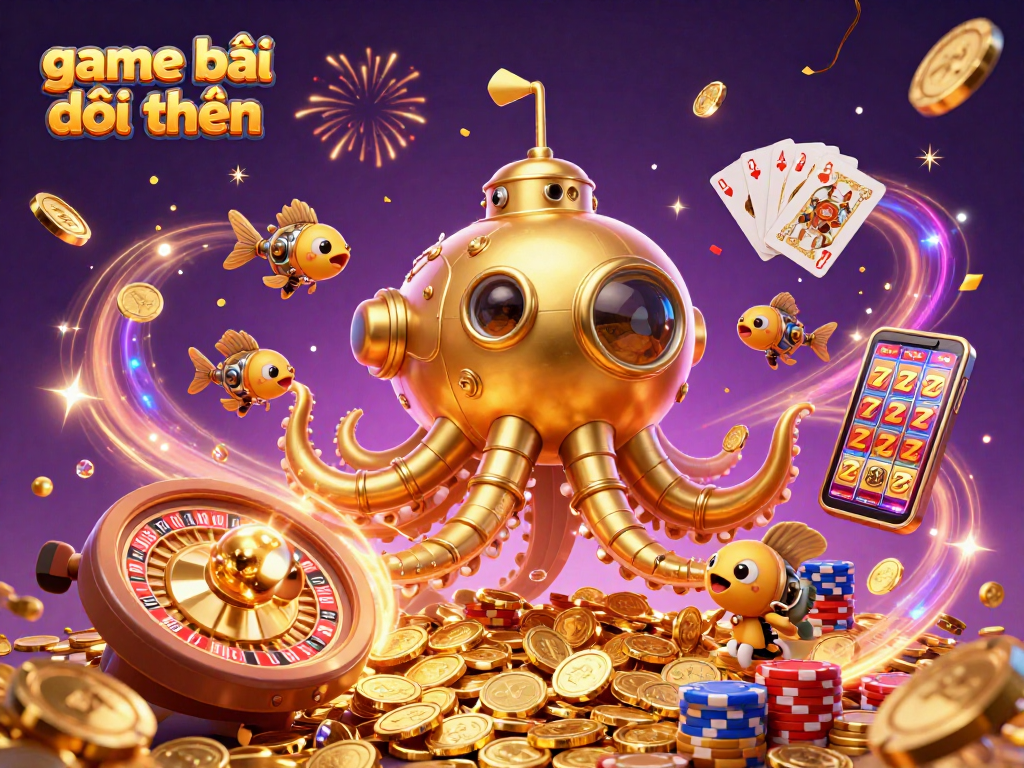 Experience game bài đổi thưởng with our spectacular golden kraken submarine amidst festive casino elements.