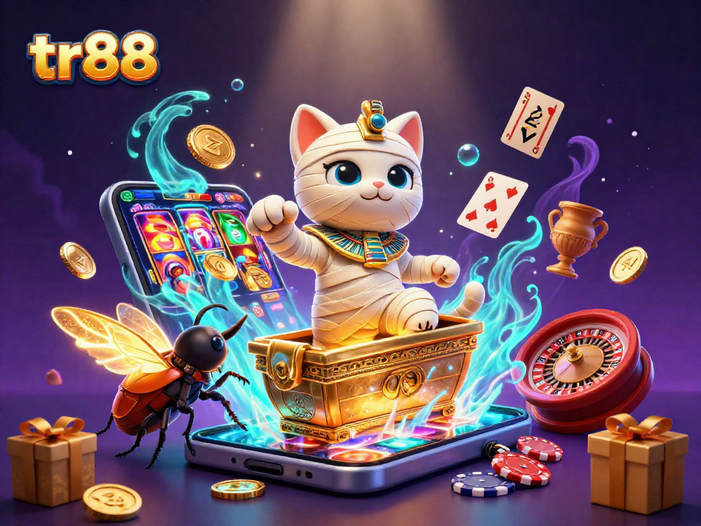 Spin the reels and win at tr88 with a vibrant pyramid casino scene featuring a mummy cat and glowing scarab!