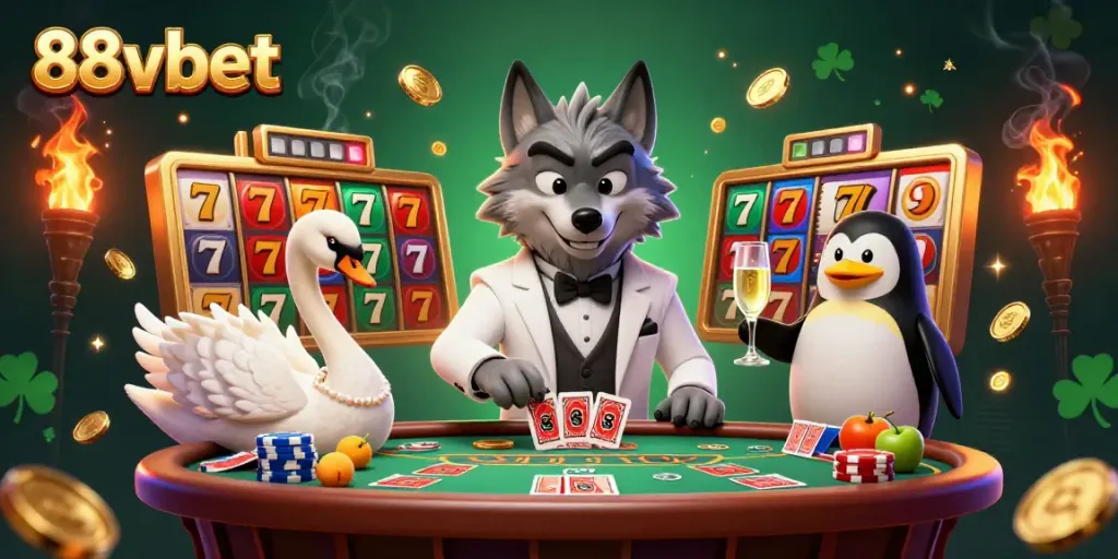 Experience the excitement of 88vbet with a lavish 3D casino scene featuring a wolf and friends.
