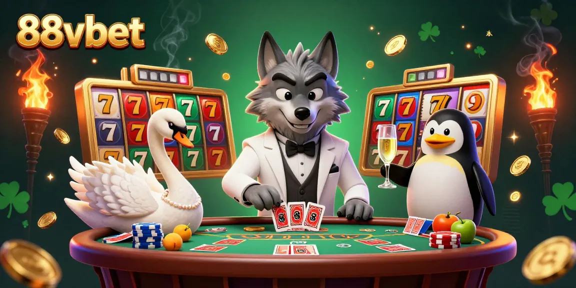 Experience the excitement of 88vbet with a lavish 3D casino scene featuring a wolf and friends.