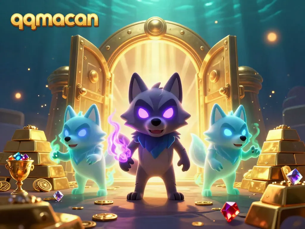 Engage in exciting gaming experiences with qqmacan - featuring thrilling casino action amidst a treasure-filled scene.