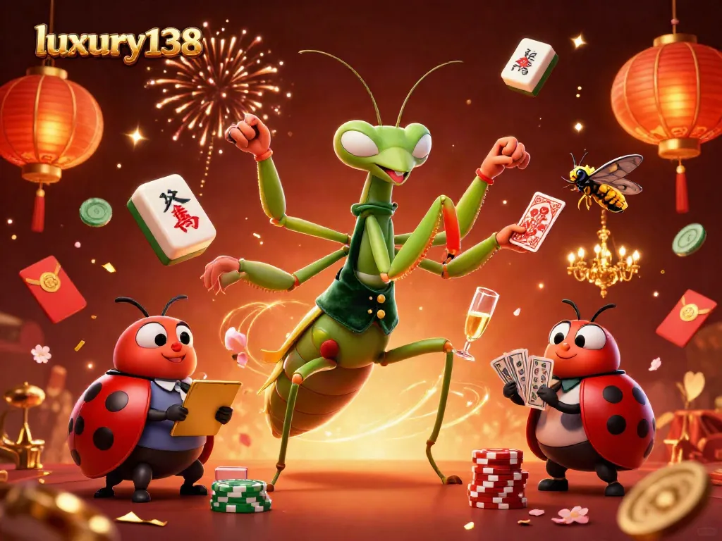 Engage in dynamic gameplay with luxury138, as illustrated by a giant praying mantis card sharp dealing cards and pouring champagne.