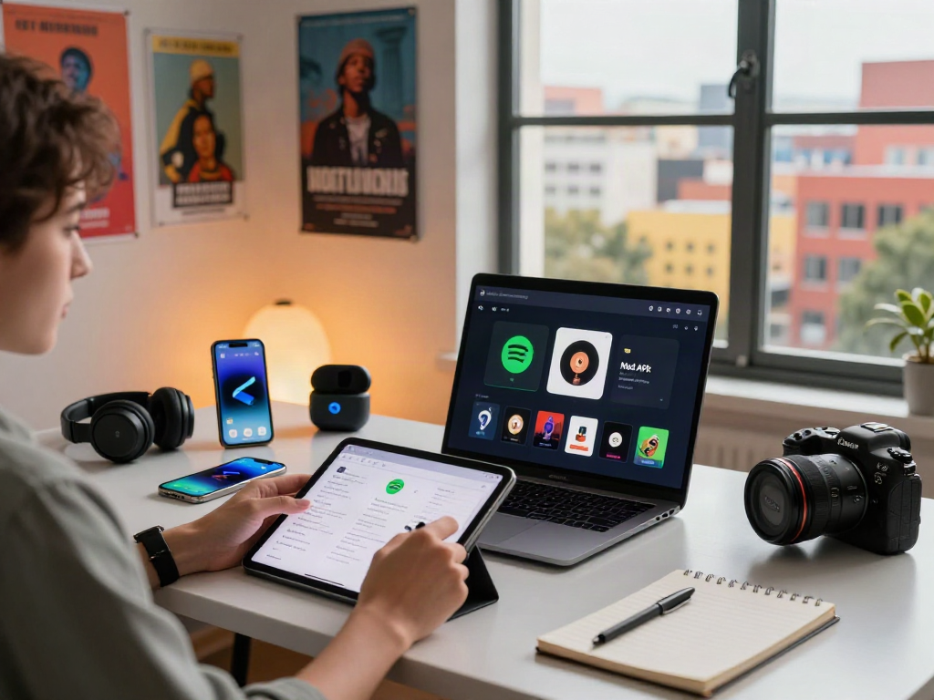 Experience the spotify mod apk in a vibrant music-themed workspace with tech devices and a cozy atmosphere.
