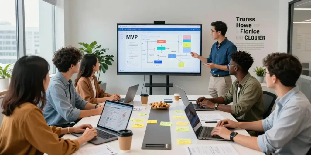 Team working on an MVP development service plan in a modern office