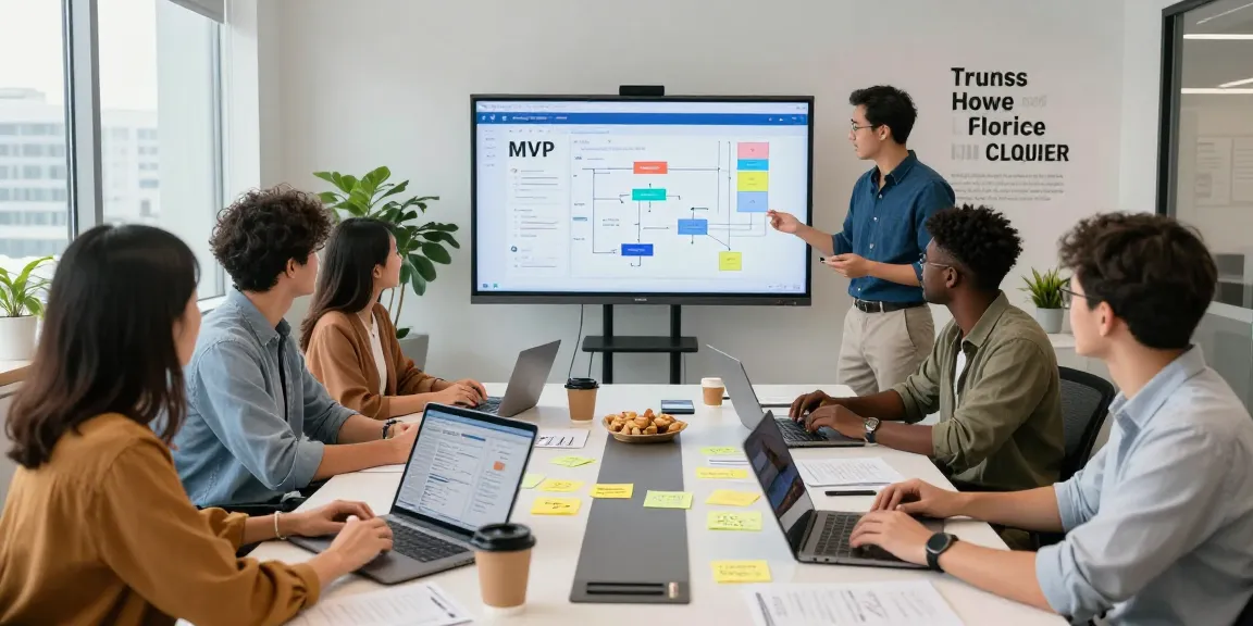 Team working on an MVP development service plan in a modern office