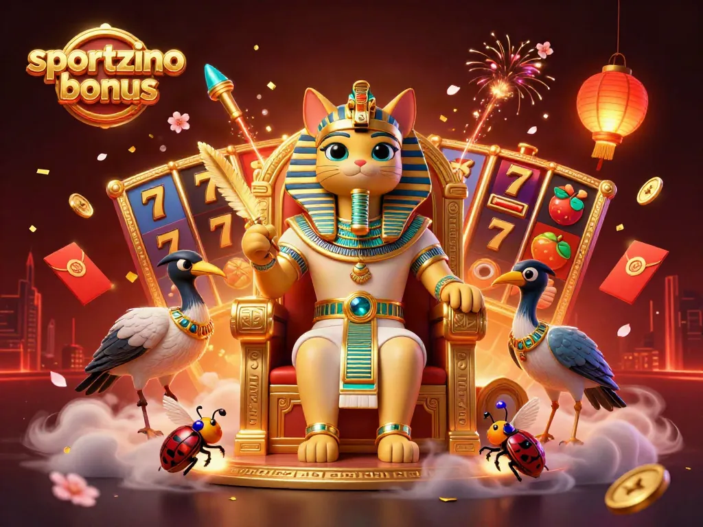 Engage with Sportzino bonus, featuring pharaoh cat and scribe amidst vibrant casino symbols.