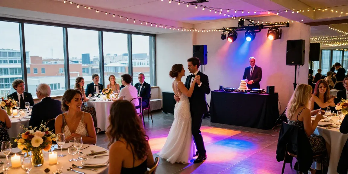 hochzeit DJ berlin brandenburg wedding reception scene with happy couple dancing amidst guests
