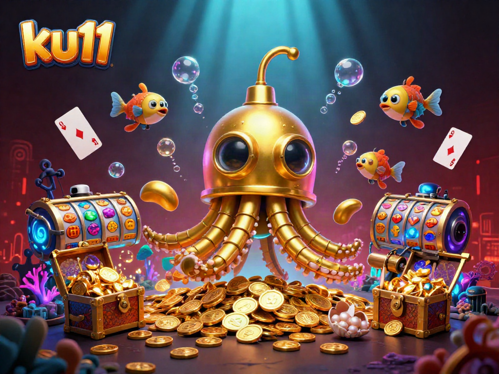 ku11 showcases a vibrant casino scene with a golden kraken submarine amidst exploding jackpots and floating slot reels.