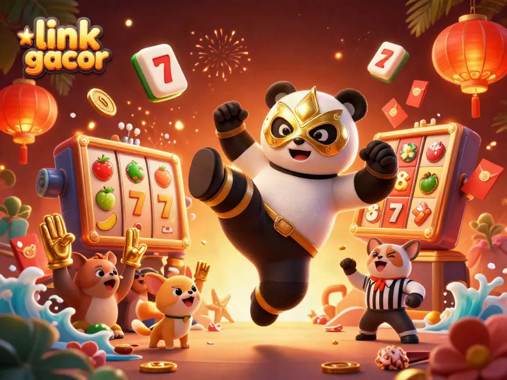 Engaging scene of a panda wrestler in a strong kick, embodying the excitement of link slot gacor gaming.